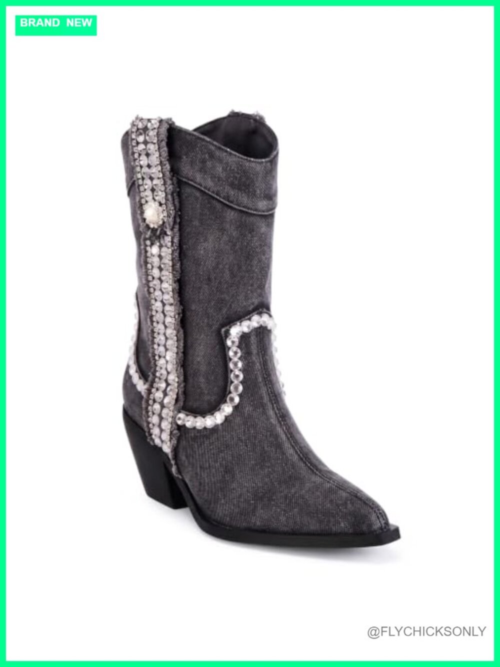 Women's Denim Rhinestone Cowboy Boots Pointed Toe Wide Calf Mid-Calf